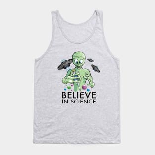 Believe in Science - Alien Scientist with Pipette Cartoon and DNA molecules Tank Top